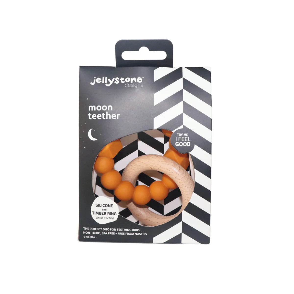 Wooden ring and orange silicone bead teether set in black and white geometric patterned packaging