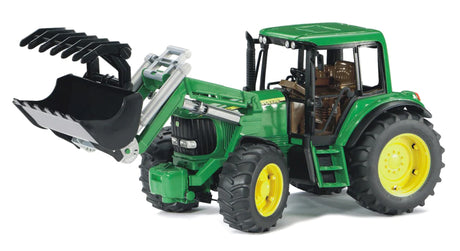 John Deere 6920 & Frontloader toy tractor with removable front loader, detailed engine hood, and steering rod on sliding roof.
