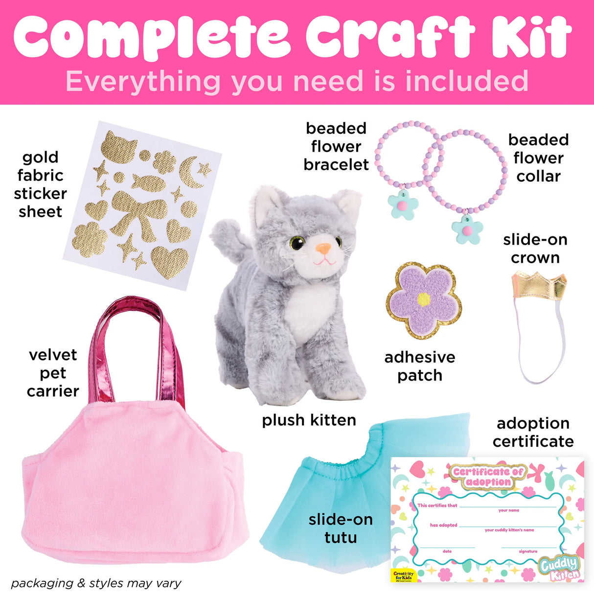 Craft kit with plush gray kitten, pink carrier, blue tutu, gold stickers, flower bracelets, crown, patch, and adoption certificate