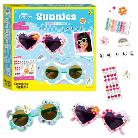 Chic Boutique Sunnies DIY set with flower and heart-shaped sunglasses plus colorful charms and stickers.