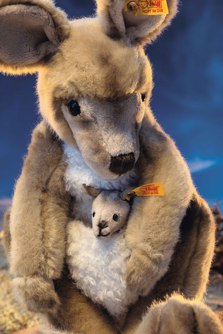 Kangaroo with Baby Kango plush toy by Steiff featuring soft fur and jointed limbs, perfect for gifting or collecting.