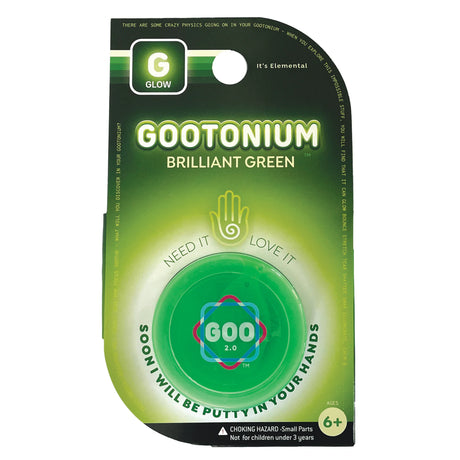 Gootonium: Glowing Brilliant Green Putty in green packaging with a round container of putty