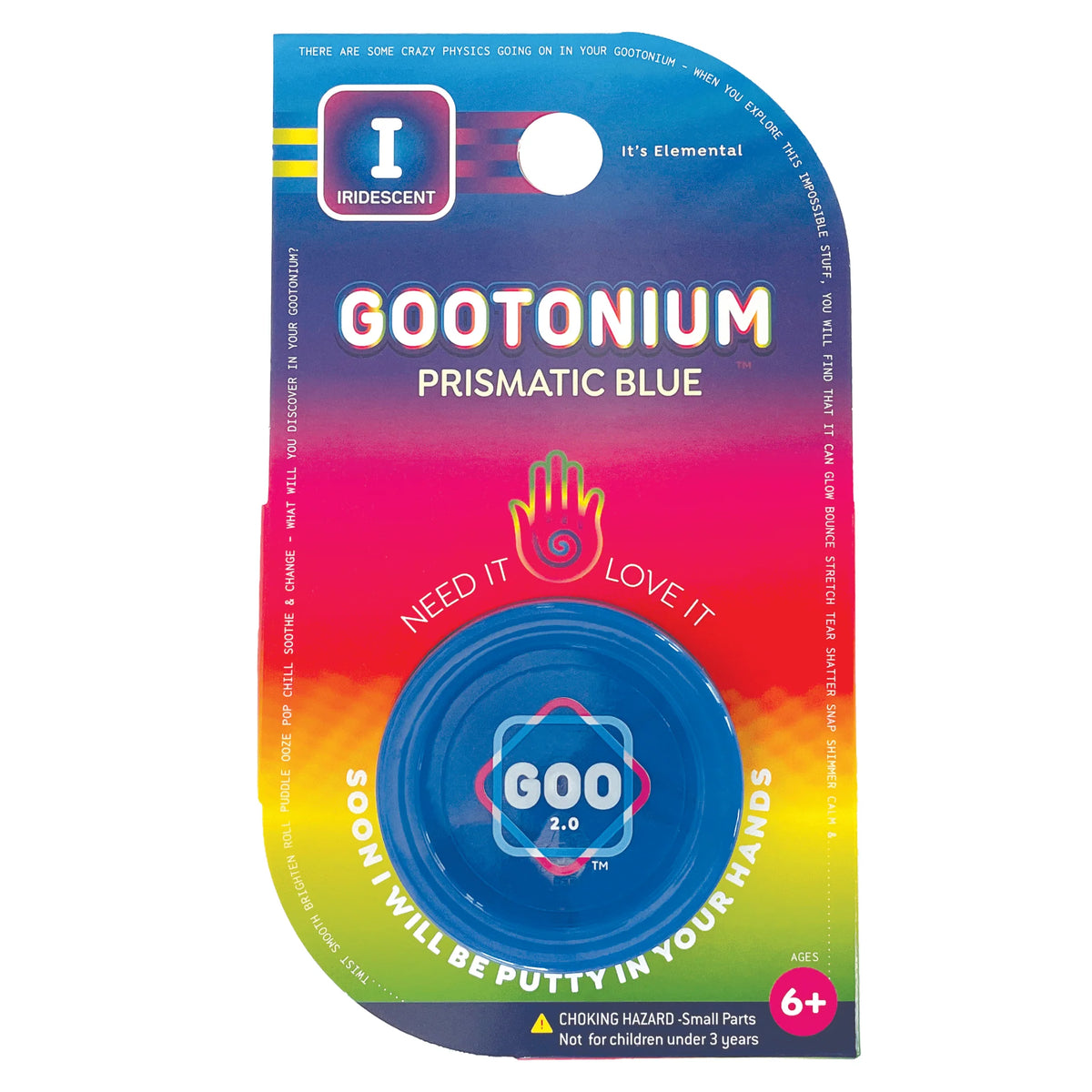 Gootonium: Iridescent Blue Putty in colorful retail packaging