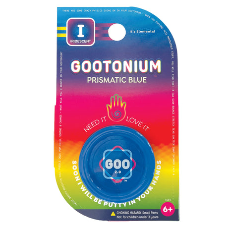 Gootonium: Iridescent Blue Putty in colorful retail packaging