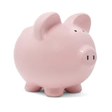 Piggy Bank | Pink made of durable dolomite ceramic with a shiny finish and deep glazed base, measuring 7x8 inches.