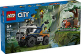 LEGO City Jungle Explorer Off-Road Truck with rugged tires, camera boom, minifigures, and a tiger in jungle setting.