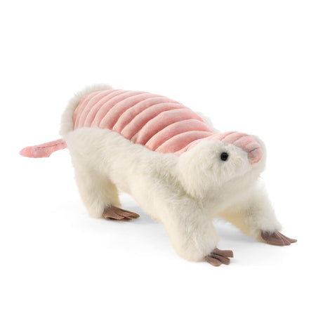 Pink Fairy Armadillo puppet with ivory white plush body and soft pink velour shell, 10 inches long.