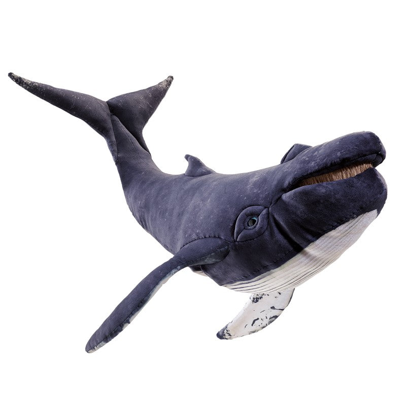 Humpback Whale Puppet plush toy with realistic dark blue coloring and white underside