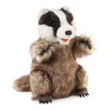 Badger Puppet with soft brown fur and raised paws on a white background