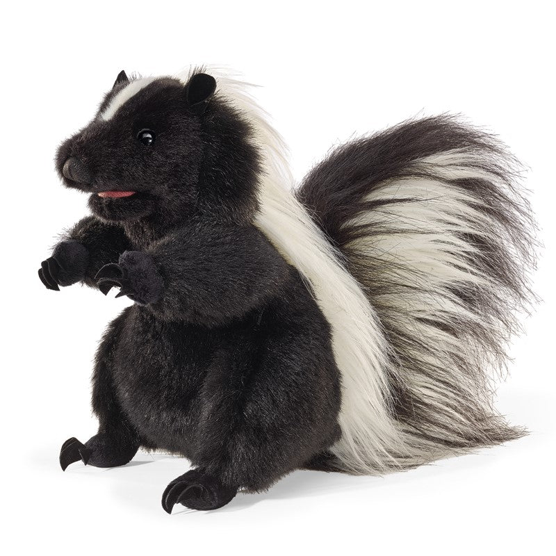Standing Skunk Puppet with black fur and a fluffy striped tail