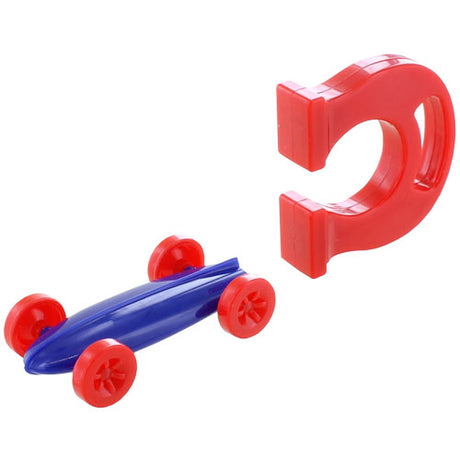 Magnetic Racer toy with blue car and red magnet demonstrating magnetic force for kids ages 5 and up learning fun.