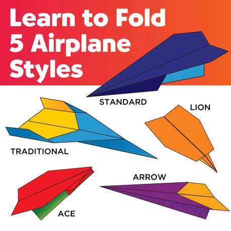 Stunt Squadron Paper Airplanes showing five colorful airplane folding styles to learn and create fun paper planes.