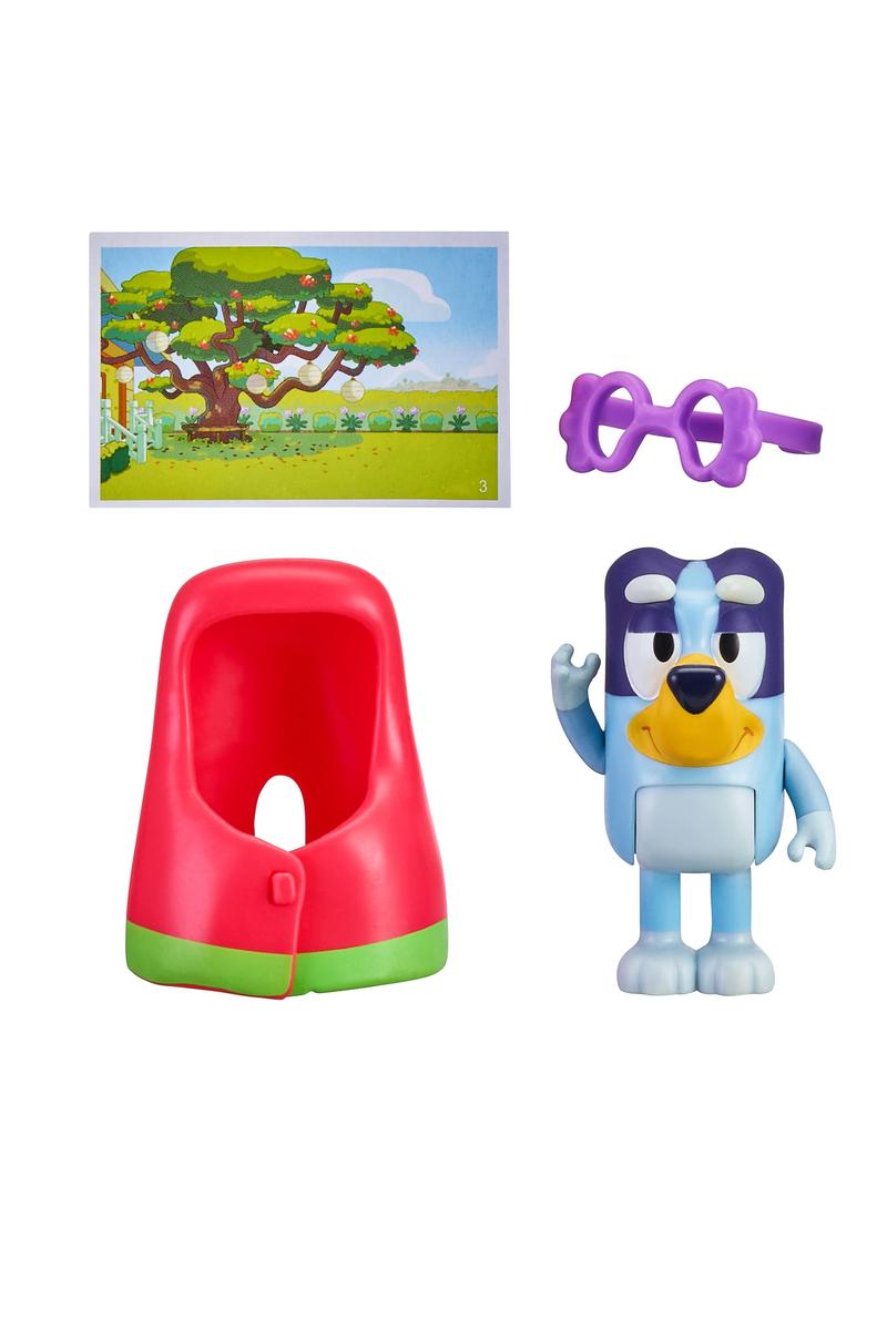 Bluey Story Starter Figure Pack Series 9 with Bluey figure, purple glasses, red chair, and postcard accessory.