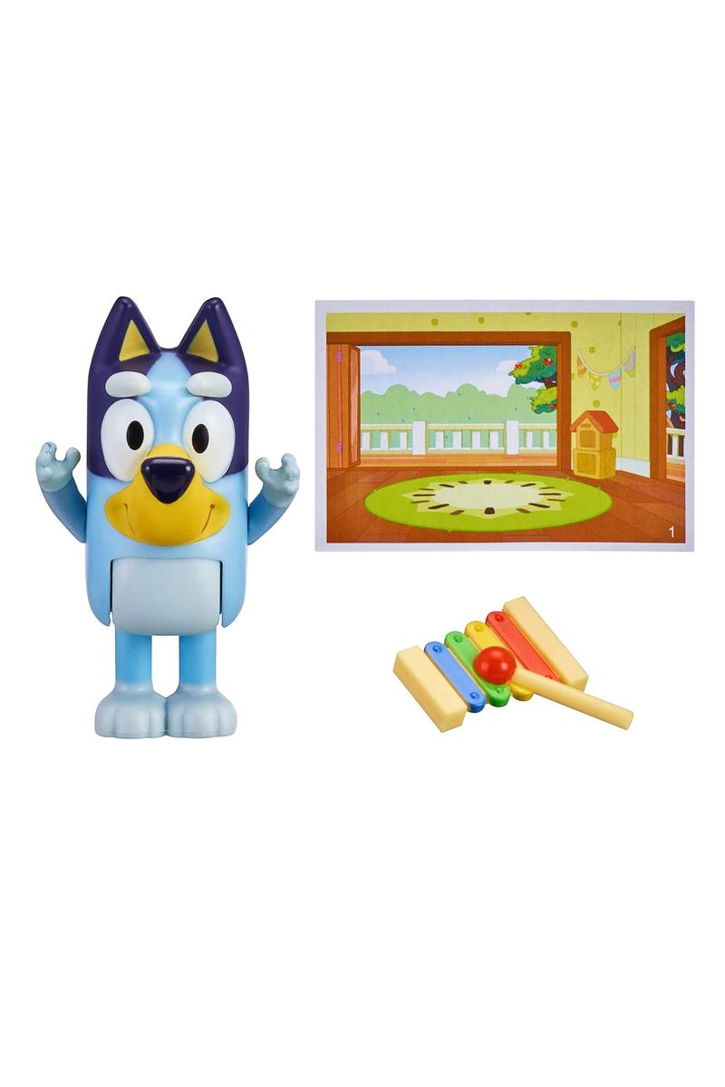 Bluey Story Starter Figure Pack Series 9 with Bluey figure, xylophone accessory, and mini postcard scene.