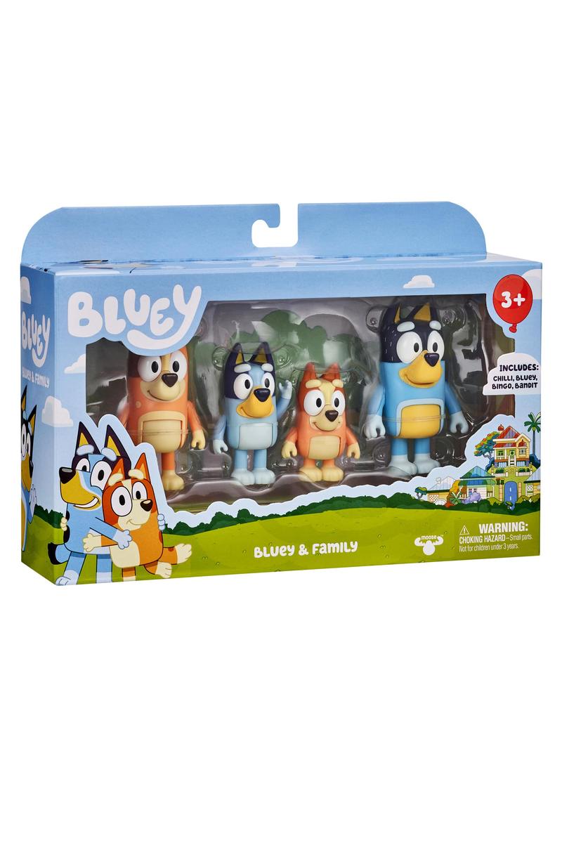 Bluey Figure 4-Pack Series 11 featuring four detailed family figures with movable arms in colorful packaging for ages 3 and up.