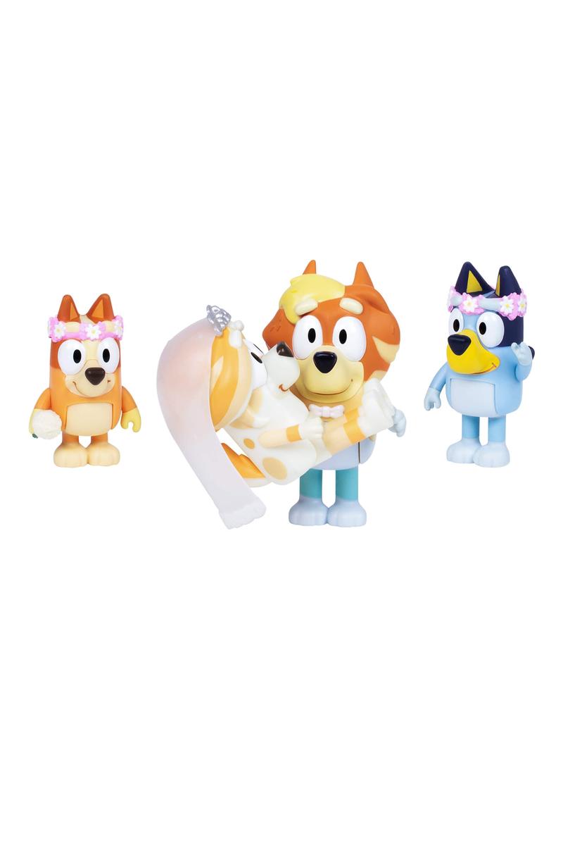 Bluey Figure 4-Pack Series 11 with moving arms featuring wedding-themed characters and accessories for imaginative play.
