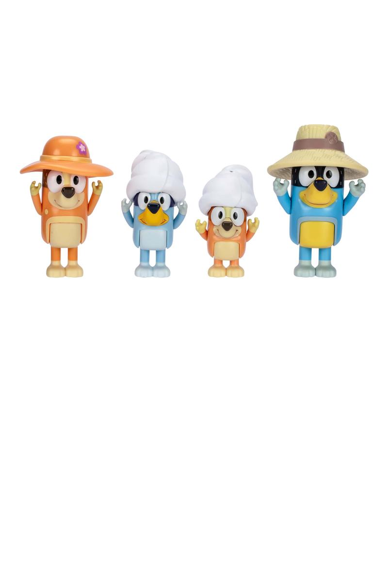 Bluey Figure 4-Pack Series 11 featuring four colorful figures with movable arms wearing hats and accessories.