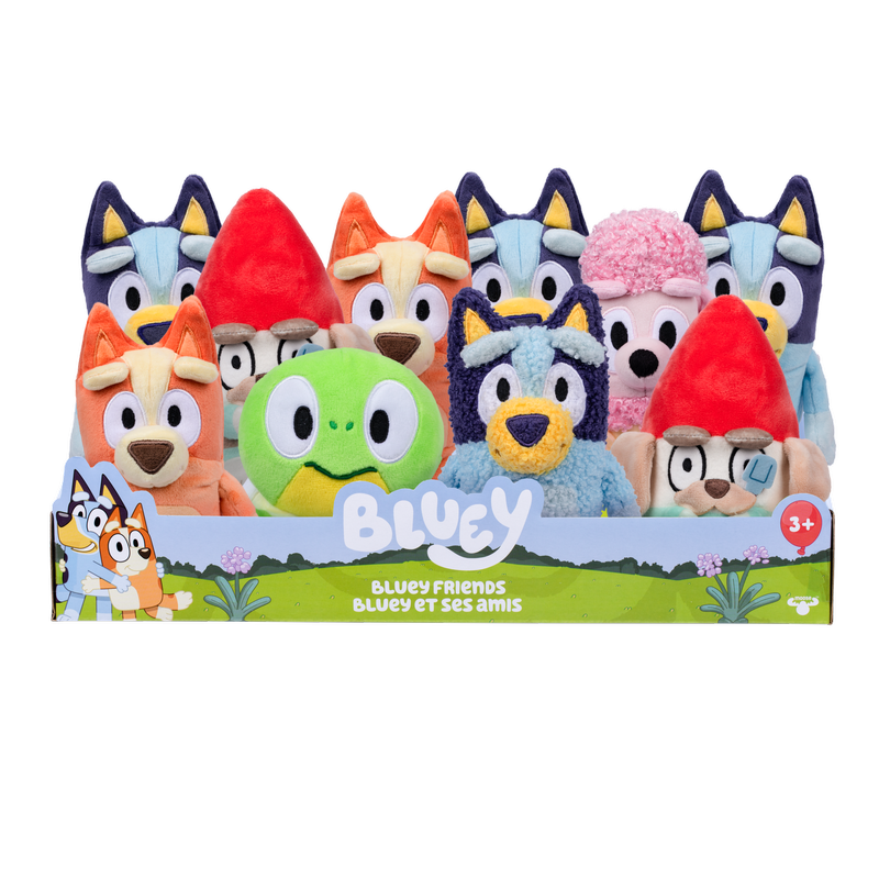 Bluey Plush Series 15 colorful Bluey character plush toys in a display box