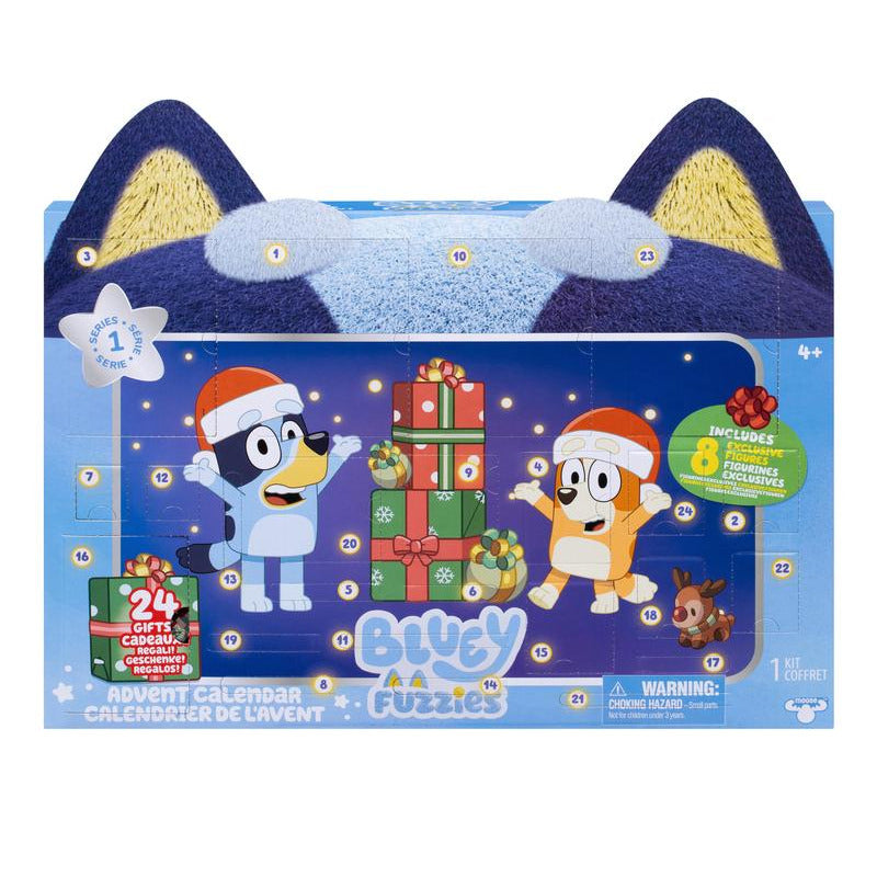 Bluey Fuzzies Advent Calendar with Bluey characters in Santa hats and 24 numbered holiday doors