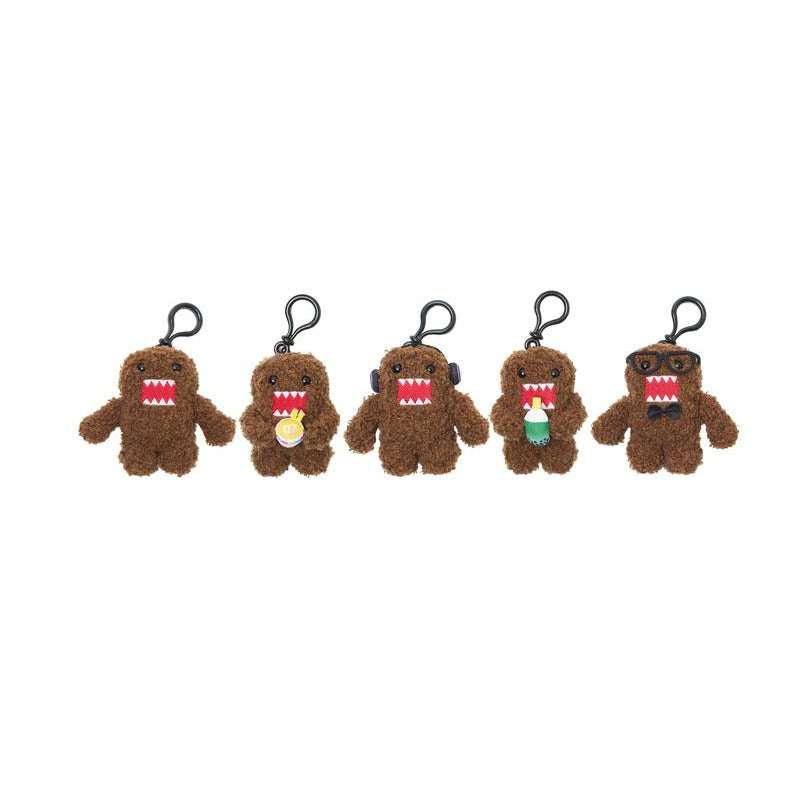 Domo Plush Clip-On featuring five brown character plush toys with colorful accessories and keychain clips
