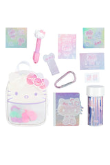 Real Little Hello Kitty Backpack with mini collectible stationery items including pen, stickers, and charms in pastel colors.