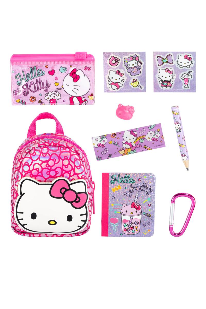 Real Little Hello Kitty Backpack with mini pencil case, stickers, pencil, eraser, notebook, and keychain in pink design.