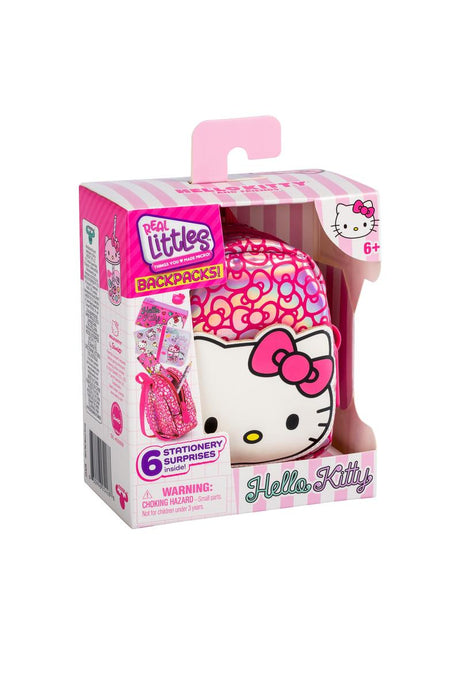 Real Little Hello Kitty Backpack featuring pink bow and 6 mini stationery surprises in collectible packaging for ages 6 and up.