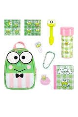 Real Little Hello Kitty Backpack with green Keroppi mini backpack and collectible stationery accessories set.
