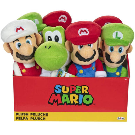 Super Mario Plush featuring Mario, Luigi, and Yoshi in colorful, soft huggable 6 inch characters for ages 3 and up.