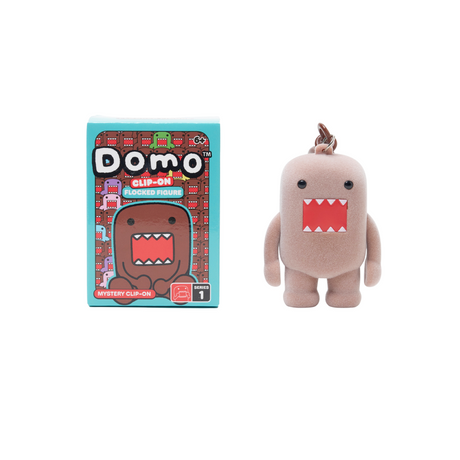 Domo Flocked Clip-On Blind Box featuring a brown plush clip-on figure and packaging