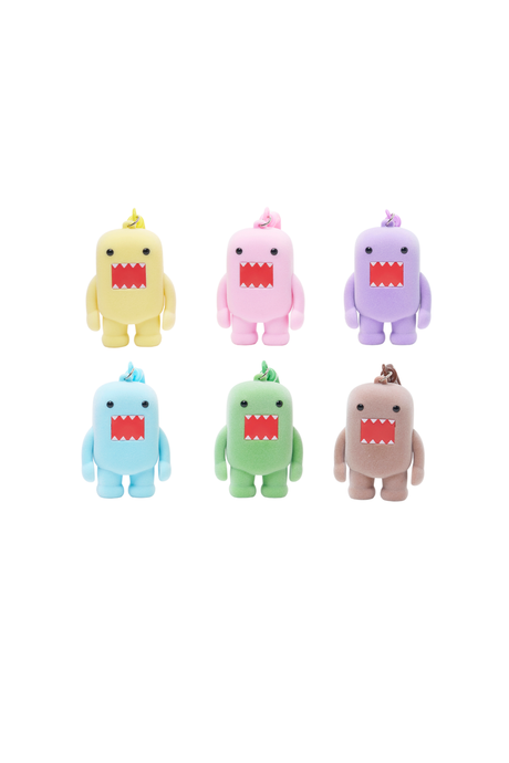 Domo Flocked Clip-On Blind Box with six colorful fuzzy character figures displayed together