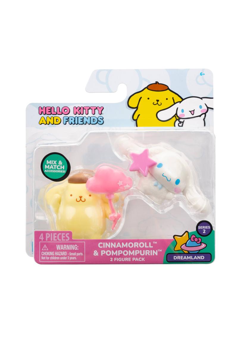 Hello Kitty & Friends Figure 2-Pack featuring Cinnamoroll and Pompompurin figures with themed accessories in packaging.