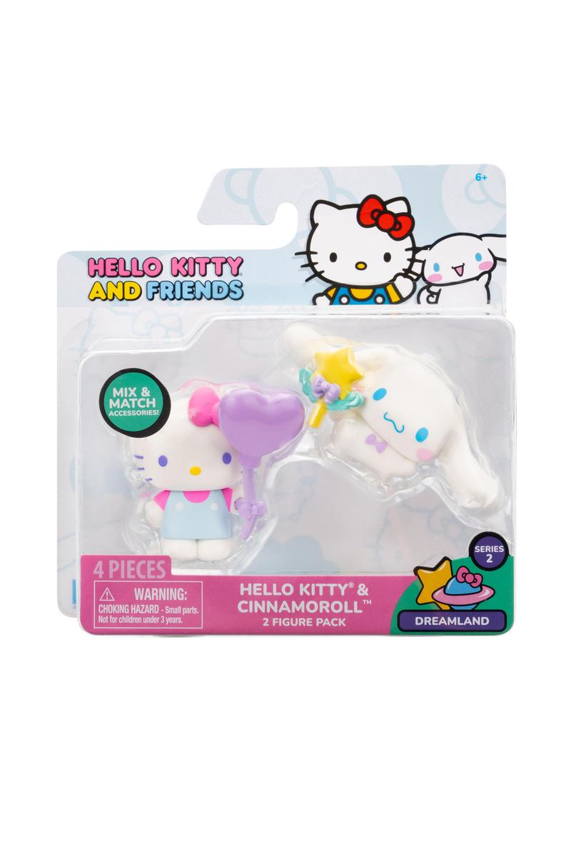 Hello Kitty & Friends Figure 2-Pack featuring Hello Kitty and Cinnamoroll with themed accessories in packaging.