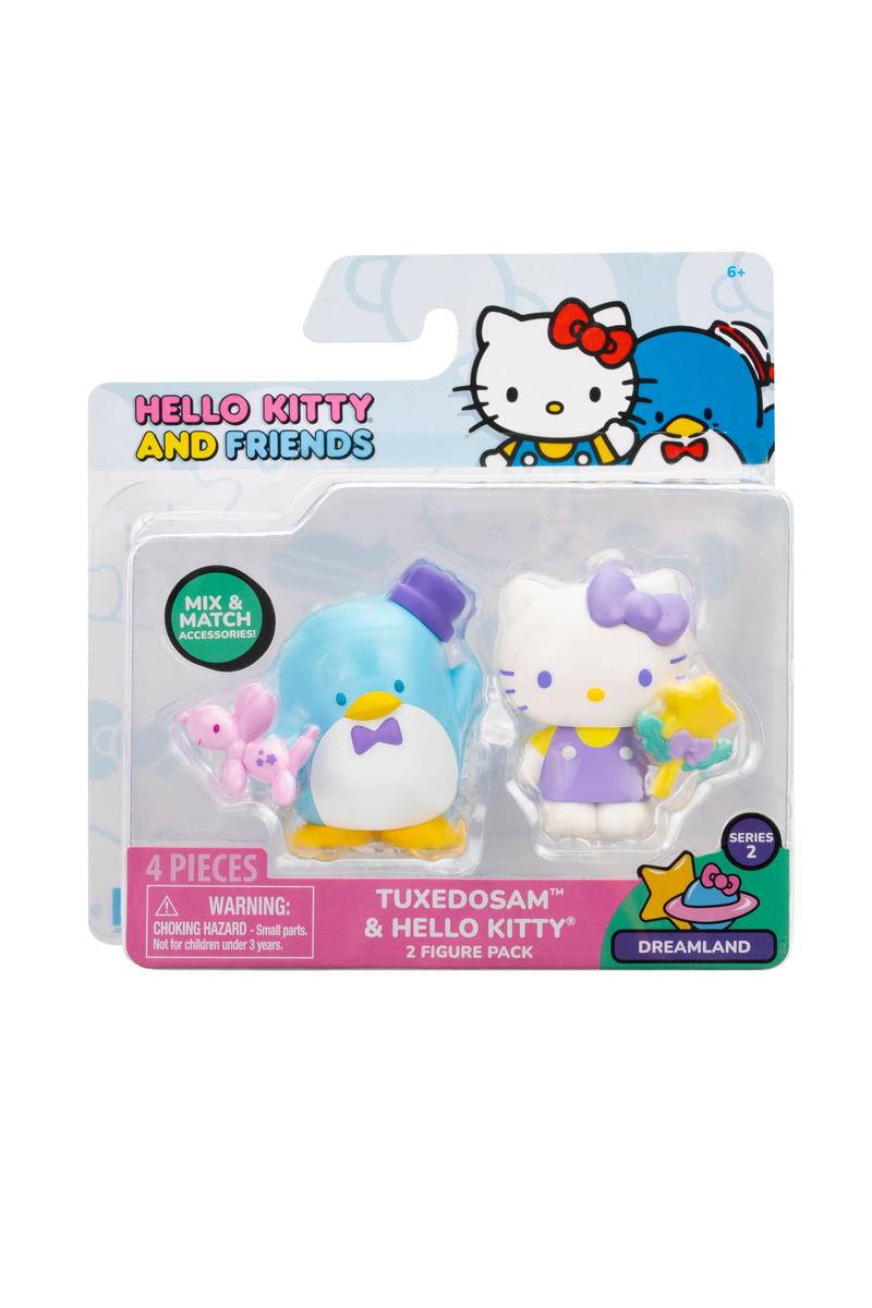 Hello Kitty & Friends Figure 2-Pack featuring Tuxedosam and Hello Kitty with themed accessories in a collectible set.