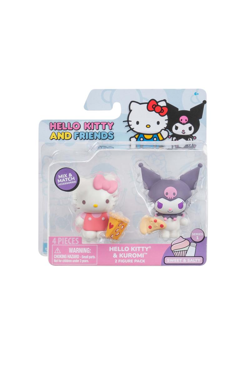 Hello Kitty & Friends Figure 2-Pack featuring Hello Kitty and Kuromi with themed accessories in collectible packaging.