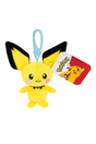 Pokemon Clip-On Plush featuring a smiling yellow Pikachu with large ears and a blue clip