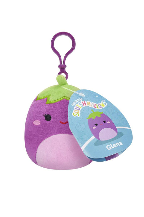 Squishmallow Squishville Veggie Clip featuring Glena the purple eggplant plush with a clip-on attachment.