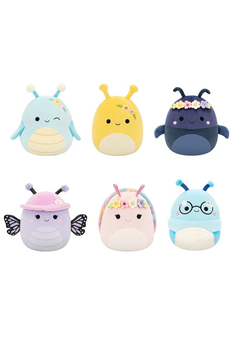 Six colorful bug-themed plush toys with antennae, smiling faces, and decorative floral and accessory details