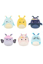 Six colorful bug-themed plush toys with antennae, smiling faces, and decorative floral and accessory details