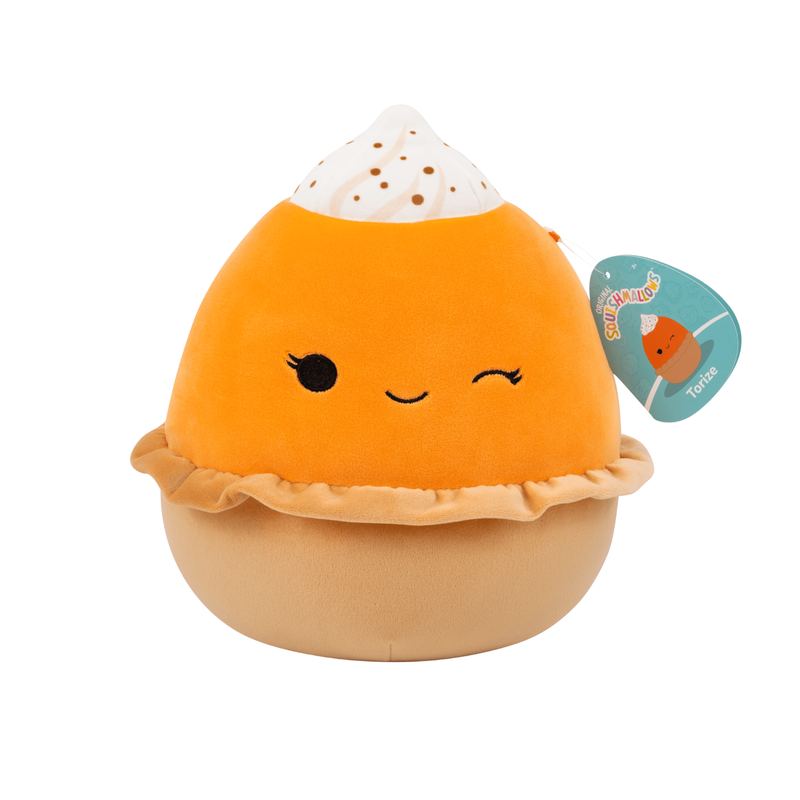 Soft orange and tan plush toy shaped like a winking pumpkin pie with whipped cream on top, 8-inch squishable design