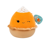 Soft orange and tan plush toy shaped like a winking pumpkin pie with whipped cream on top, 8-inch squishable design