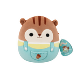 Soft 8-inch Squishmallow character dressed in blue overalls with an autumn acorn detail, perfect for fall fans