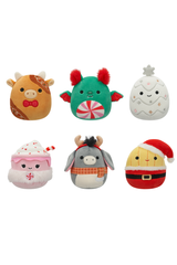 Six festive holiday-themed 4 inch Squishmallow plush toys including gingerbread, peppermint, and Santa designs on white background
