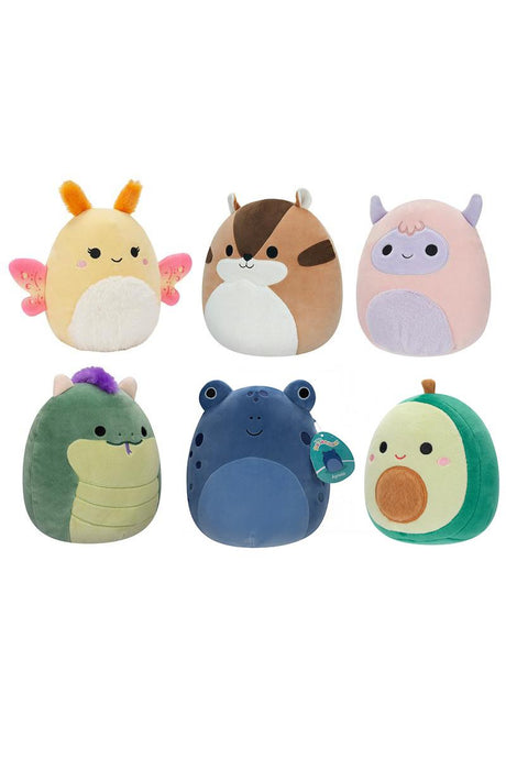 Squishmallows 5-inch assorted plush characters including butterfly, chipmunk, monster, dragon, frog, and avocado designs.