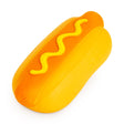 The Big Squij Hot Dog toy with a bright yellow bun orange sausage and yellow mustard topping