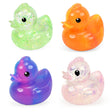 Four translucent glittery rubber ducks in green, orange, purple, and pink