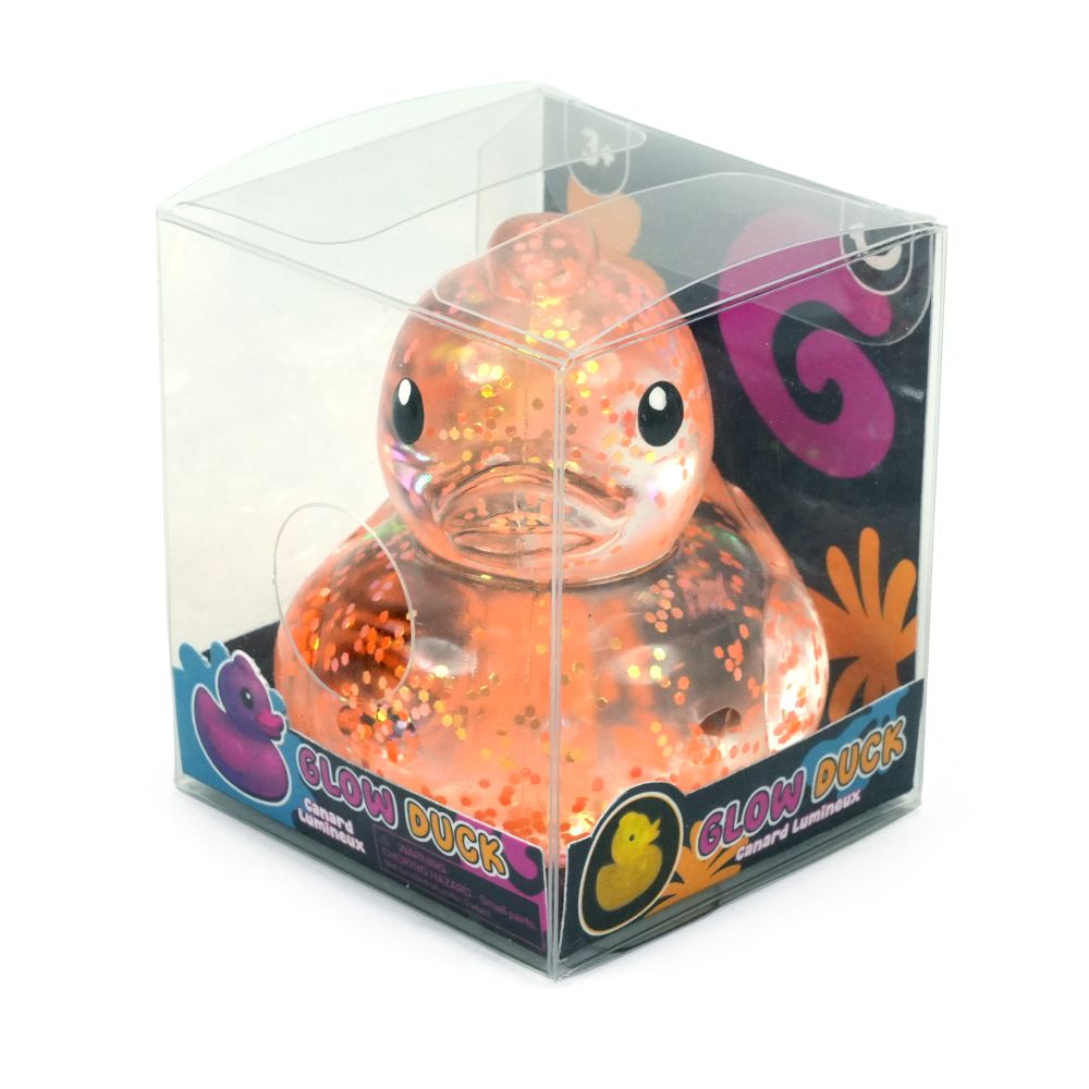 Orange glitter duck figure inside a clear display box