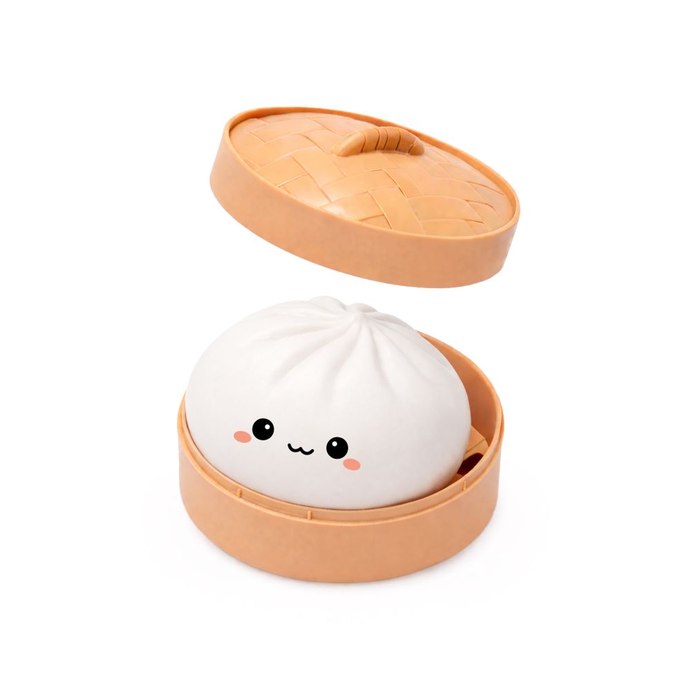 Lucky Bao Dumpling Mini white dumpling squishy toy in a bamboo steamer container