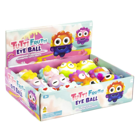 Box of assorted colorful Tutti Fruiti Eye Ball toys with pop-out eyes, each sold separately for ages 3 and up.