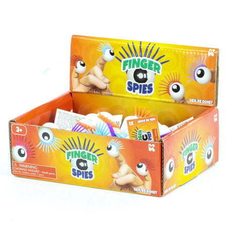Finger Spy Eye box display with assorted colorful finger toys for kids ages 3 and up, adding fun and mystery.